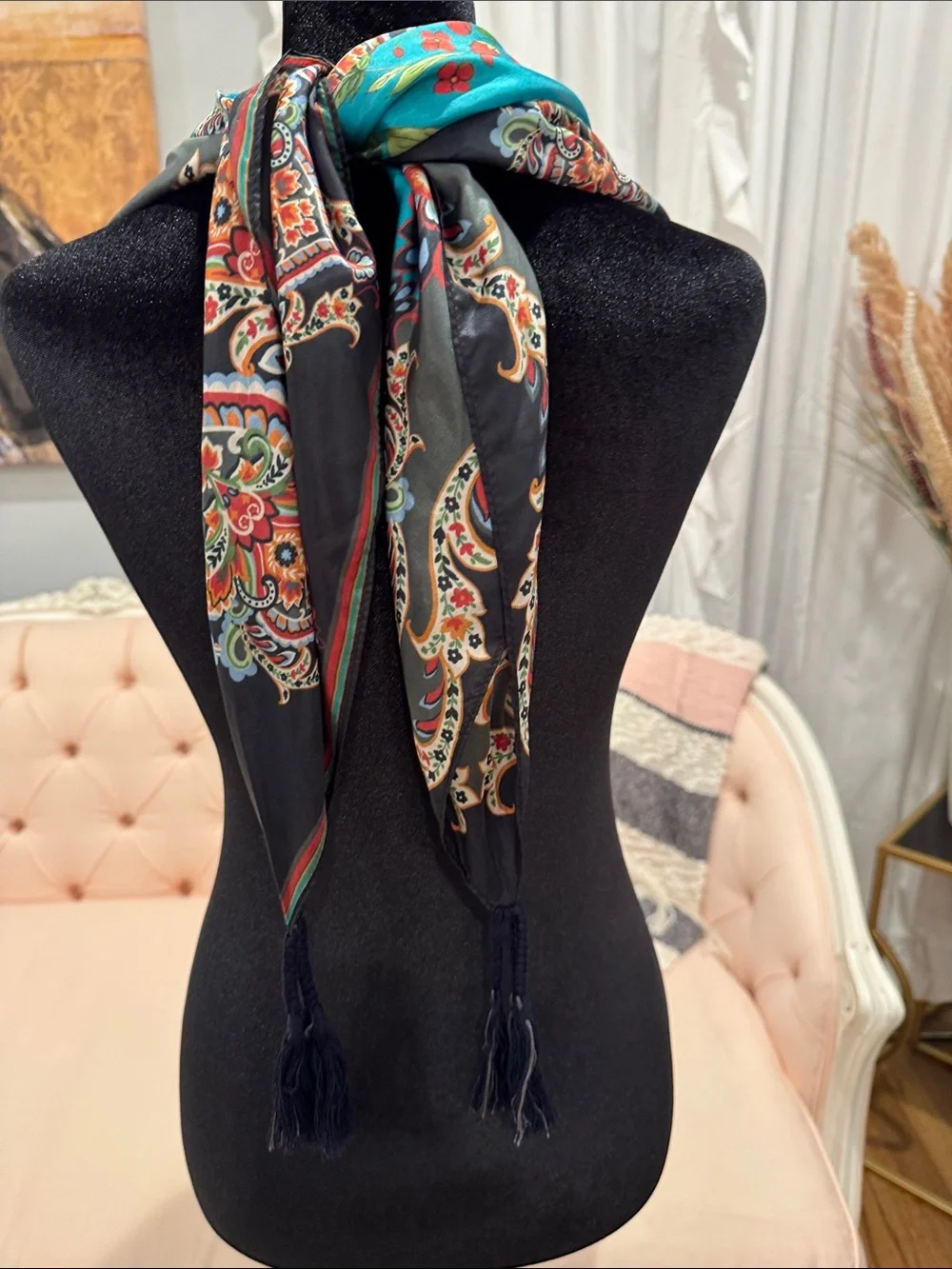 Johnny Was Moanuh Teal Black Floral Paisley 100% Silk Scarf Wrap